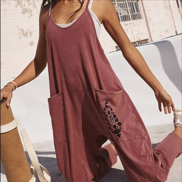 New Free People FP Movement Hot Shot Logo Onesie Mocha Combo Overalls Jumpsuit L - Picture 5 of 16